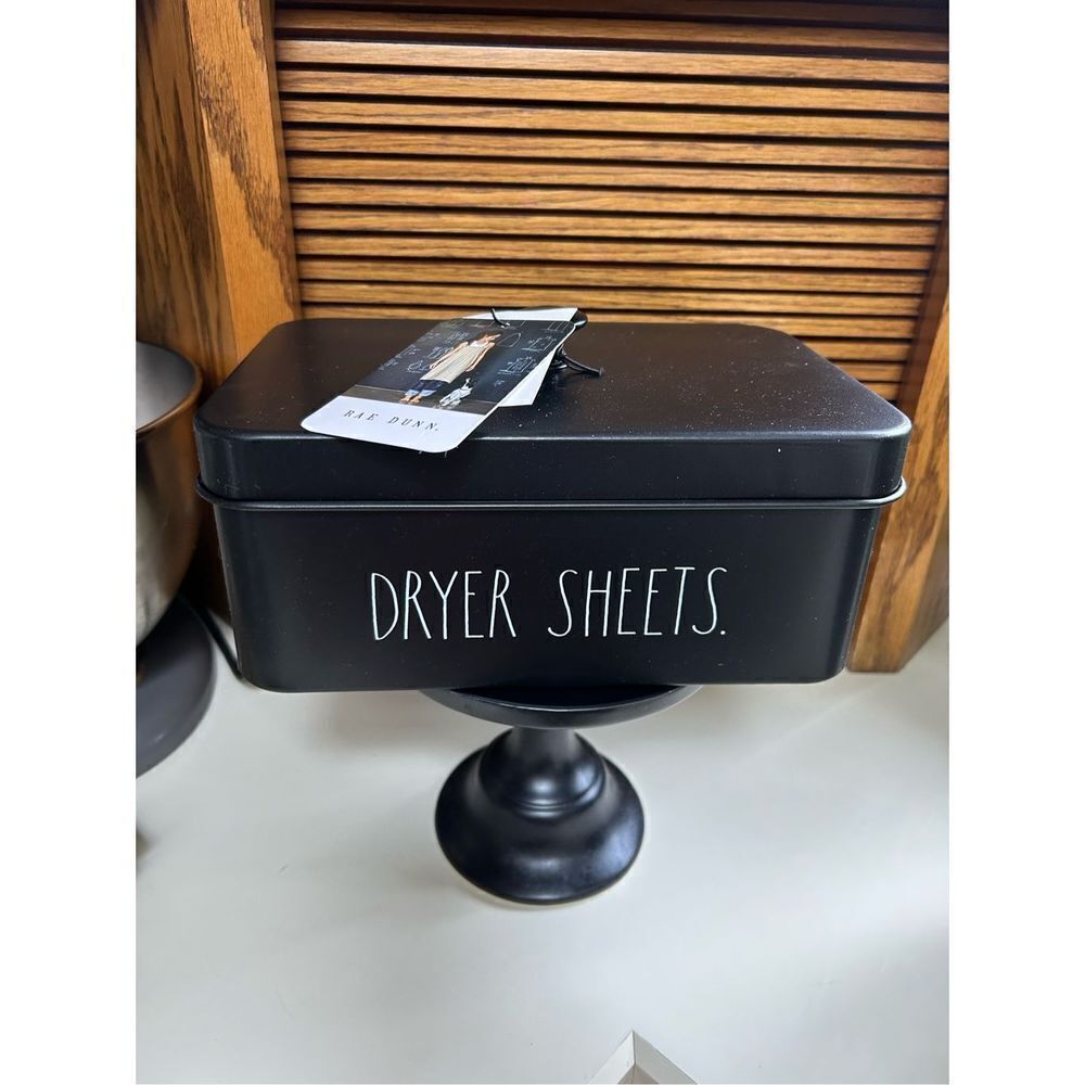Rae Dunn Black Dryer Sheets Metal tin container Laundry Room Farmhouse Decor